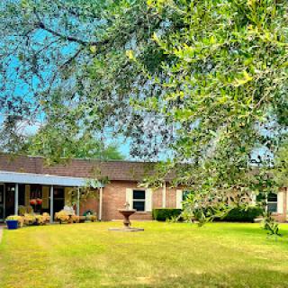 A serene view of a well-maintained garden with a cozy house under a clear blue sky.