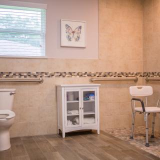 A spacious bathroom with a toilet, shower chair, and storage cabinet adorned with decorative tiles and butterfly artwork.