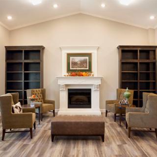 A cozy living room with a fireplace and stylish seating area.