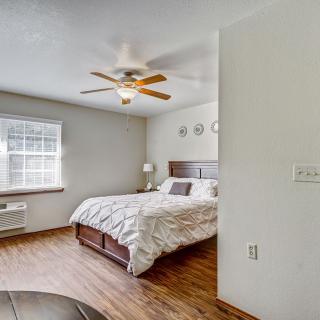 A cozy bedroom with a wooden floor, featuring a large bed, ceiling fan, and natural light streaming through the window.