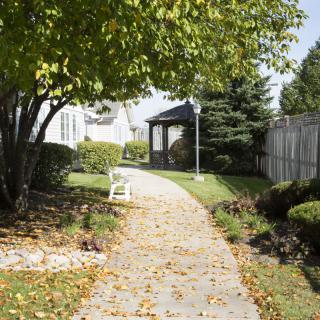 A serene garden pathway leads to a gazebo, bordered by lush greenery and scattered leaves.