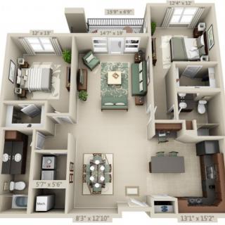 A detailed floor plan of a two-bedroom apartment featuring a living room, kitchen, dining area, and bathroom.