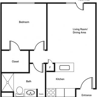 A simple one-bedroom apartment floor plan with a living room, kitchen, and bathroom.