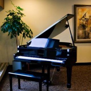 A grand piano in a cozy room with artwork and a potted plant.