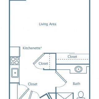 Floor plan of a studio apartment with a living area, kitchenette, bathroom, and closets.