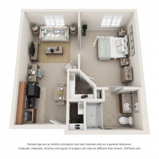A 3D floor plan of a one-bedroom apartment featuring a living area, kitchen, bedroom, and bathroom.