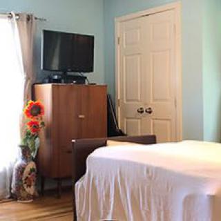A cozy bedroom with a TV on a cabinet, decorated with flowers and natural light from the window.