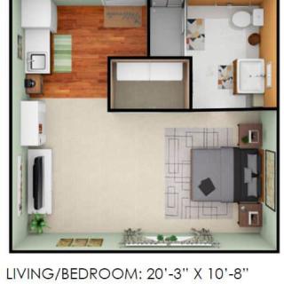 Studio apartment floor plan featuring a combined living and bedroom space, kitchen, and bathroom.