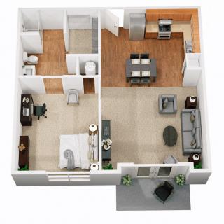 A detailed floor plan of a one-bedroom apartment, showcasing the living room, kitchen, bedroom, and bathroom.
