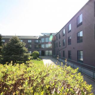 A sunny view of an apartment building exterior with surrounding greenery.