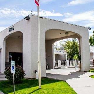 A building entrance with a flagpole and palm trees in the background on a sunny day.