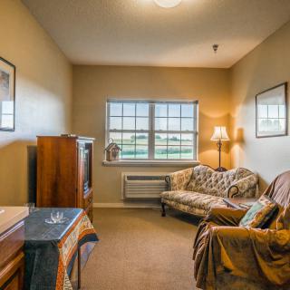 A cozy living room with a sofa, window view, and warm lighting.