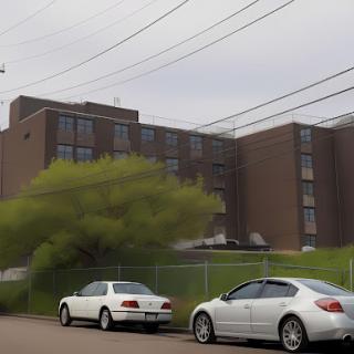 A view of a brick building with parked cars in an urban setting.