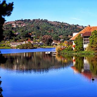A serene view of a lake surrounded by lush hills and vibrant foliage, reflecting the clear blue sky.