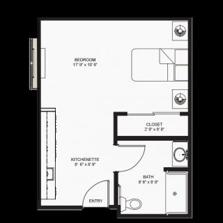 A floor plan of a studio apartment, featuring a main living area, bathroom, and closet.