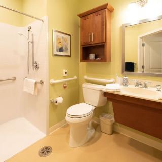 An accessible bathroom with a shower, toilet, and sink equipped with grab bars.