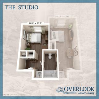 Studio apartment floor plan at The Overlook Senior Living community.