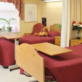 A well-organized nursing home or hospital room with two beds, a teddy bear, and decorative plants.