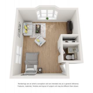 A 3D floor plan of a single-bedroom apartment with modern furniture arrangement.