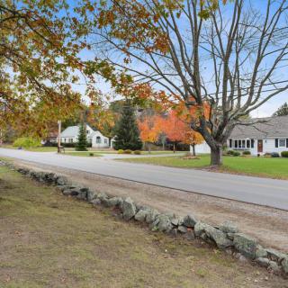 A suburban street lined with trees showcasing vibrant autumn colors.