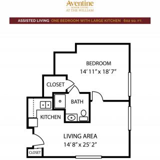 Floor plan of a one-bedroom assisted living apartment with designated areas for kitchen, bathroom, and living space.