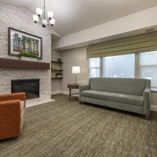 A cozy living room with a fireplace and modern furnishings.