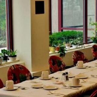 A neatly set dining table with chairs and potted plants on the window ledge.