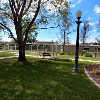 A tranquil park scene with a bench, lamp post, and building under a blue sky.