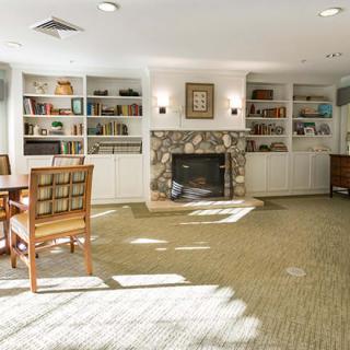 A cozy living room with a fireplace, surrounded by bookshelves and furniture.