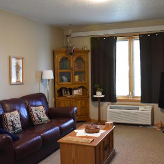 A cozy living room featuring a leather sofa, decorative pillows, and natural lighting through the curtains.