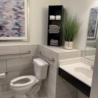 A modern bathroom with a toilet, sink, and stylish decor.