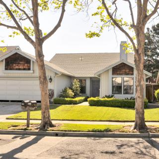 A suburban house with a well-kept front yard and trees lining the street.