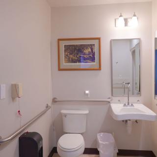 A well-lit, handicap-accessible bathroom with a toilet, sink, and mirror.