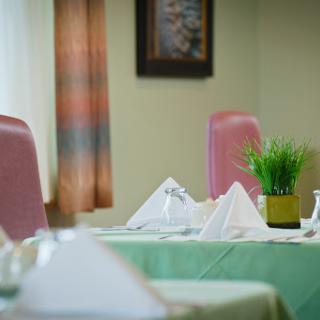 A cozy dining area featuring neatly arranged tables with green tablecloths and pink chairs, complemented by decorative plants.