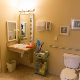 A well-equipped bathroom with a sink, mirror, toilet, and cleaning supplies in a nursing home setting.