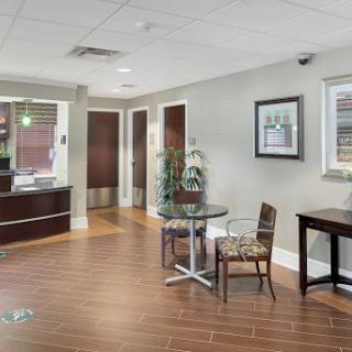 A modern office waiting area featuring a reception desk, seating, and decorative plants.