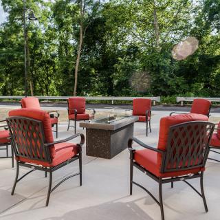A cozy outdoor patio with red-cushioned chairs arranged around a fire pit, surrounded by lush trees.