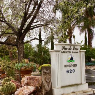 Entrance sign of a garden surrounded by succulents and trees.