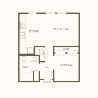 A simple one-bedroom apartment floor plan with designated areas for the kitchen, living room, and bathroom.