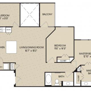 Floor plan of a two-bedroom apartment with a living/dining room, kitchen, bathroom, and balcony.