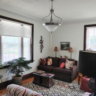 A cozy living room with a sofa, decorative pillows, and an indoor plant.