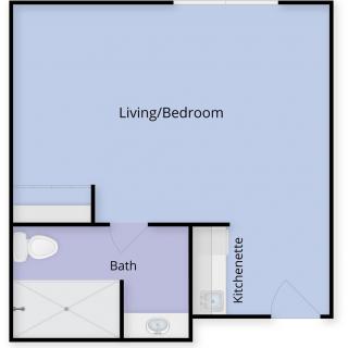 A floor plan of a studio apartment featuring a combined living and bedroom area with an attached bathroom.