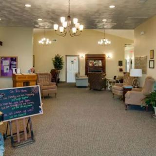 A cozy lobby area with comfortable seating and ambient lighting.