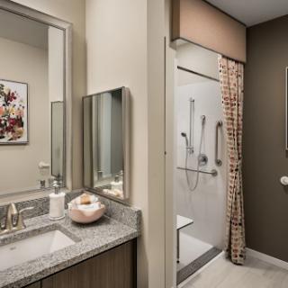 A modern bathroom featuring a stylish vanity, spacious shower, and elegant decor.