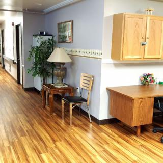 A well-lit hallway with wooden flooring, featuring office furniture and indoor plants.