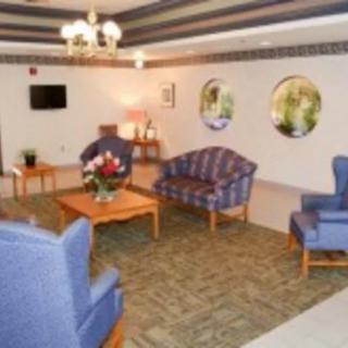 A cozy living room with blue furniture, a television, and a floral centerpiece on the coffee table.
