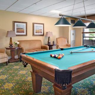 Cozy game room featuring a pool table and comfortable seating.