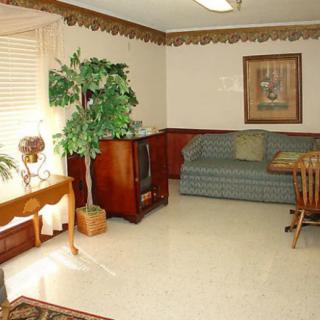 A classic living room with a sofa, wooden furniture, and decorative plants.