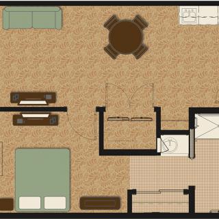 A detailed floor plan illustrating the layout of an apartment with separate areas for a bedroom, living room, dining area, and bathroom.