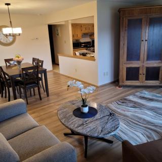 A cozy living room with a connected dining area, featuring wooden floors, modern furniture, and an orchid on the coffee table.